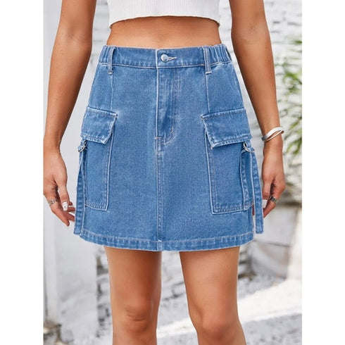 'Lilith' Buttoned Denim Skirt With Pockets - Celes Fashion